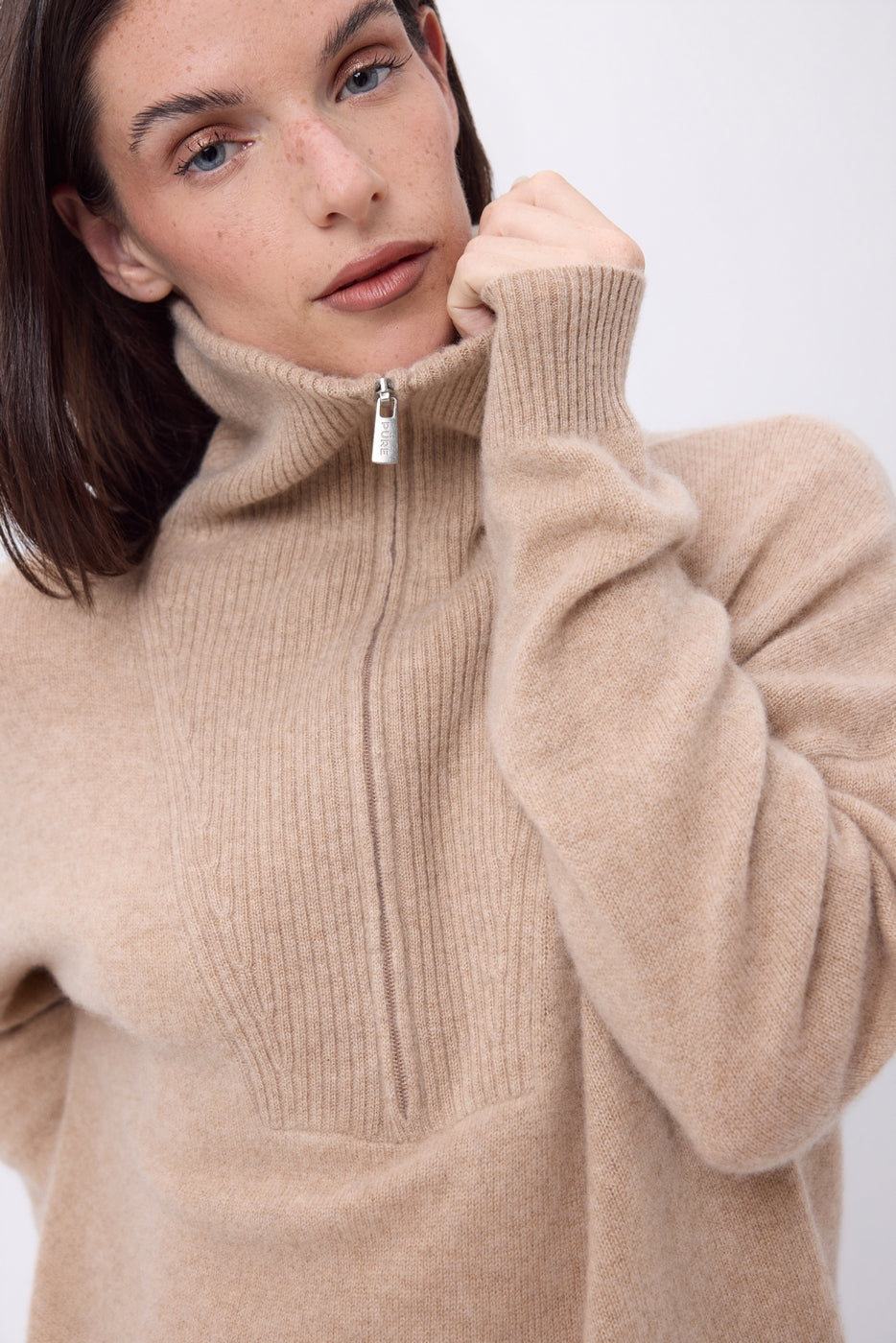 Maglione Kalon con Ampio Collo Alto Zip - Beige Crema - Donna - 100% Cashmere
