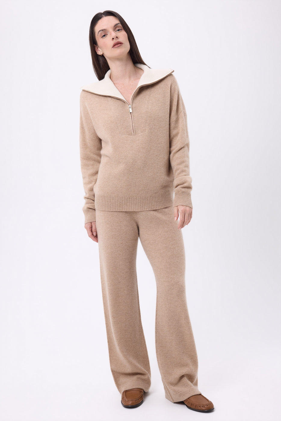 Maglione Kalon con Ampio Collo Alto Zip - Beige Crema - Donna - 100% Cashmere