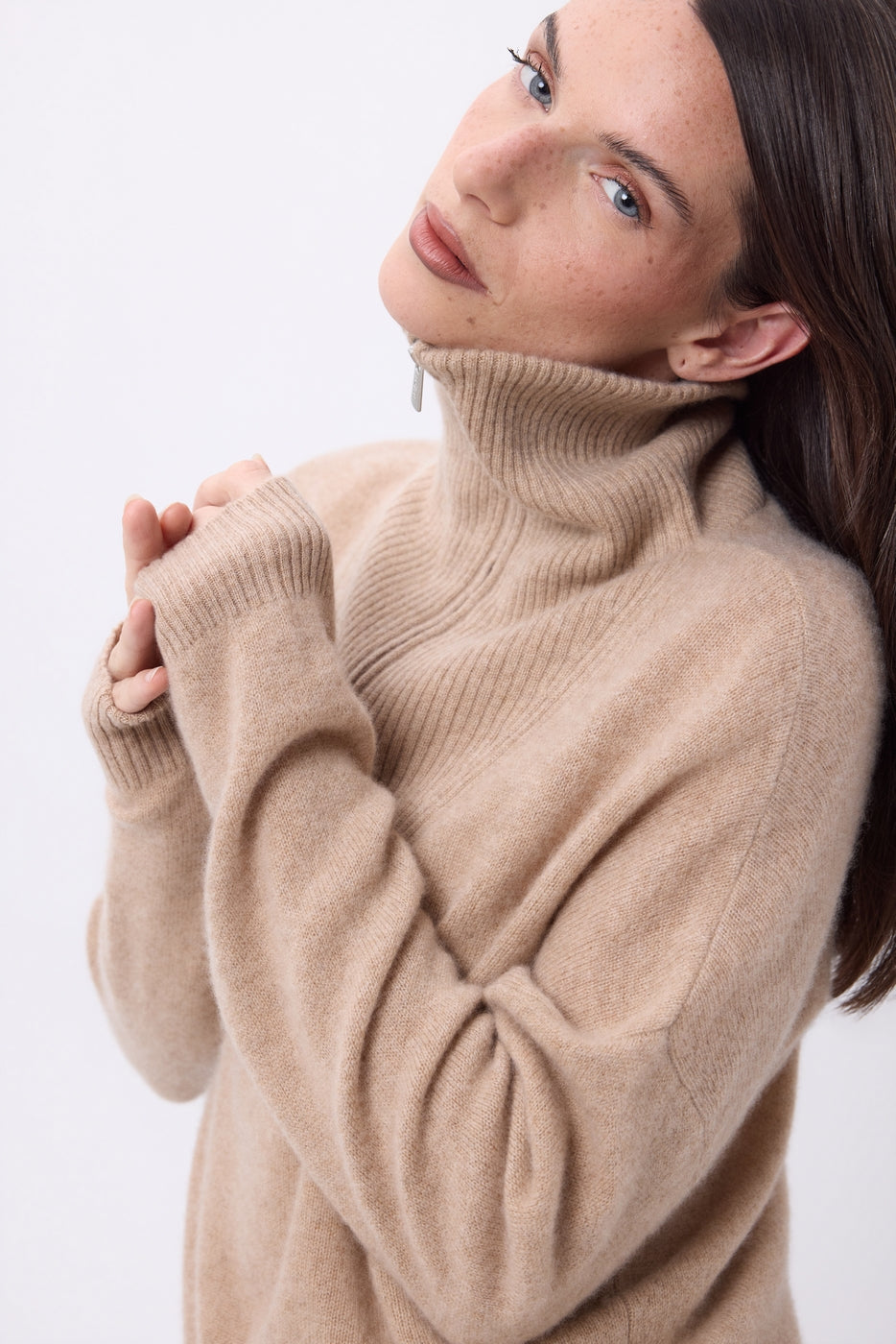 Maglione Kalon con Ampio Collo Alto Zip - Beige Crema - Donna - 100% Cashmere