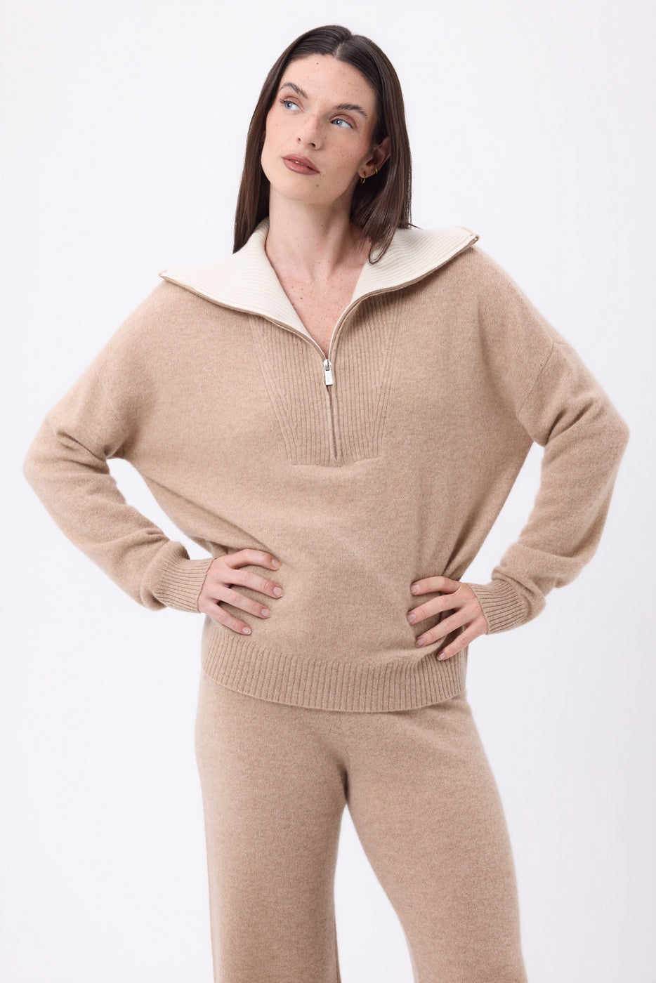 Maglione Kalon con Ampio Collo Alto Zip - Beige Crema - Donna - 100% Cashmere
