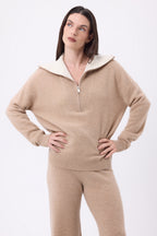 Maglione Kalon con Ampio Collo Alto Zip - Beige Crema - Donna - 100% Cashmere