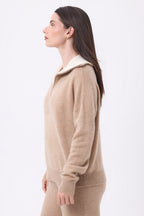 Maglione Kalon con Ampio Collo Alto Zip - Beige Crema - Donna - 100% Cashmere