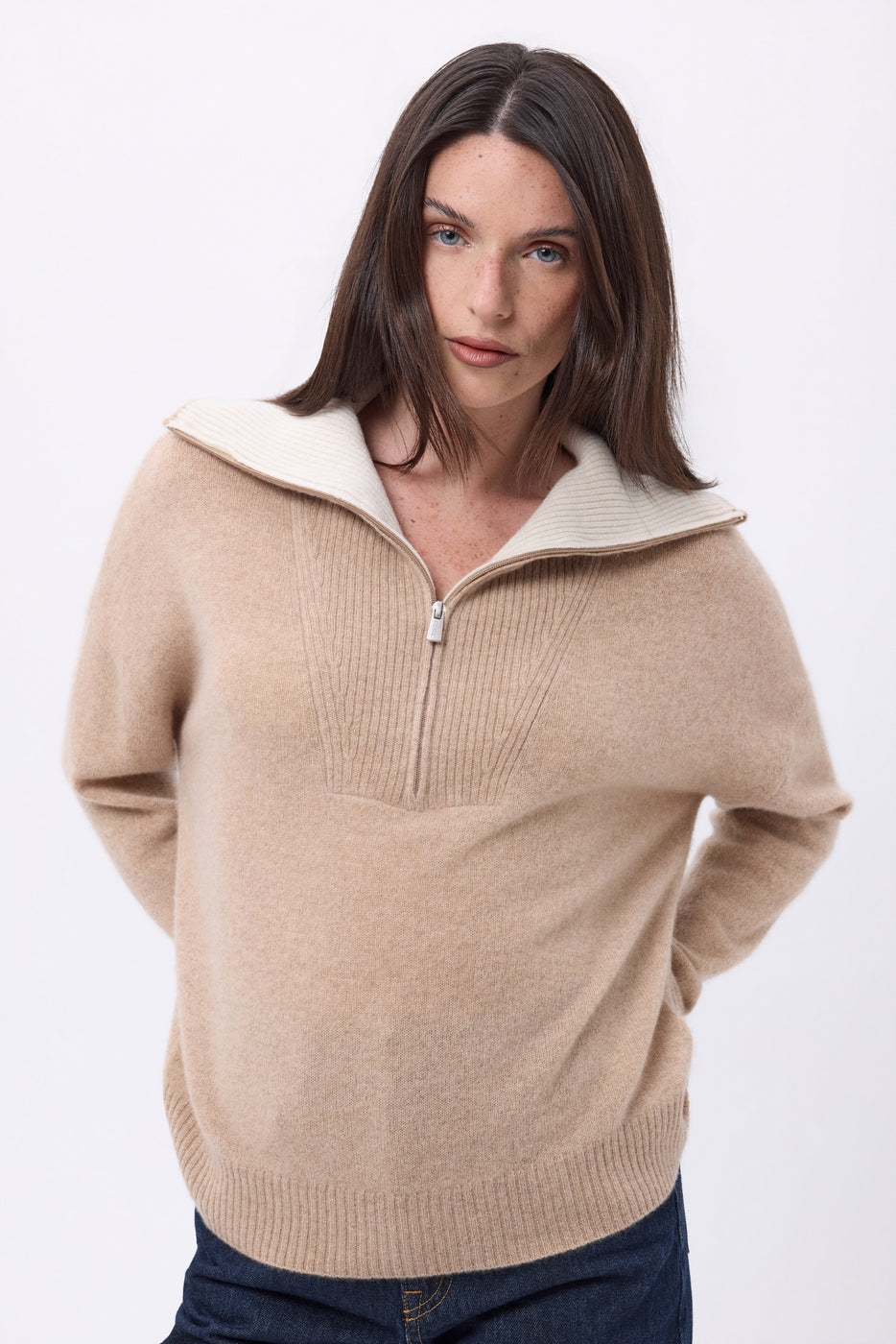Maglione Kalon con Ampio Collo Alto Zip - Beige Crema - Donna - 100% Cashmere