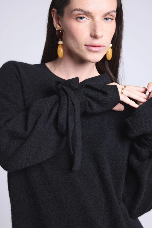 Kelly Round Neck Knot Cuff Sweater - Black - Women
