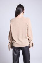Jersey Cuello Redondo Lazo Muñecas Kelly - Beige Crema - Mujer
