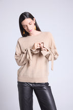 Jersey Cuello Redondo Lazo Muñecas Kelly - Beige Crema - Mujer