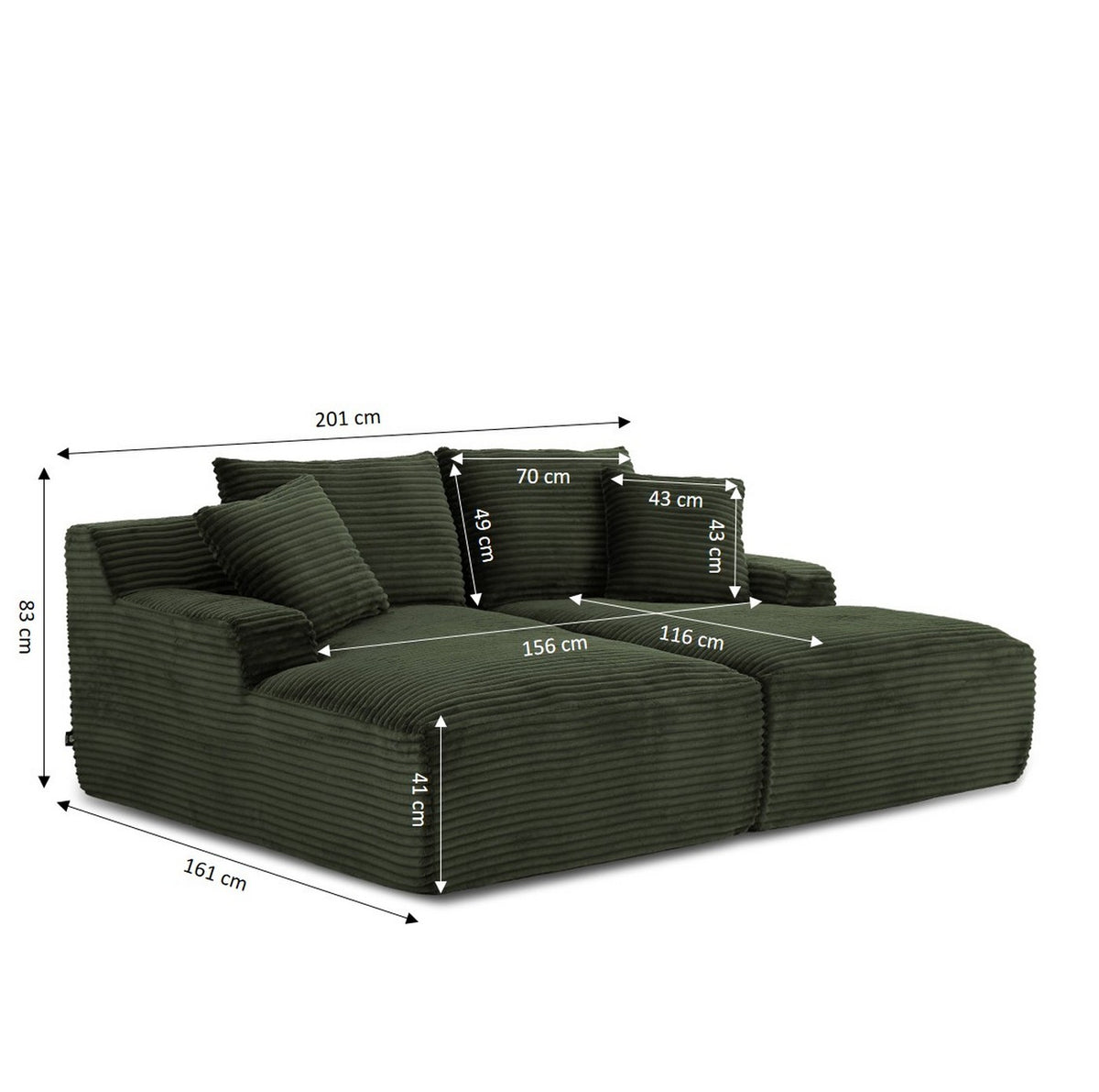 Kenedy - Canapé Droit Profond Fixe Et Compressé 3 Places - Velours Côtelé - Vert