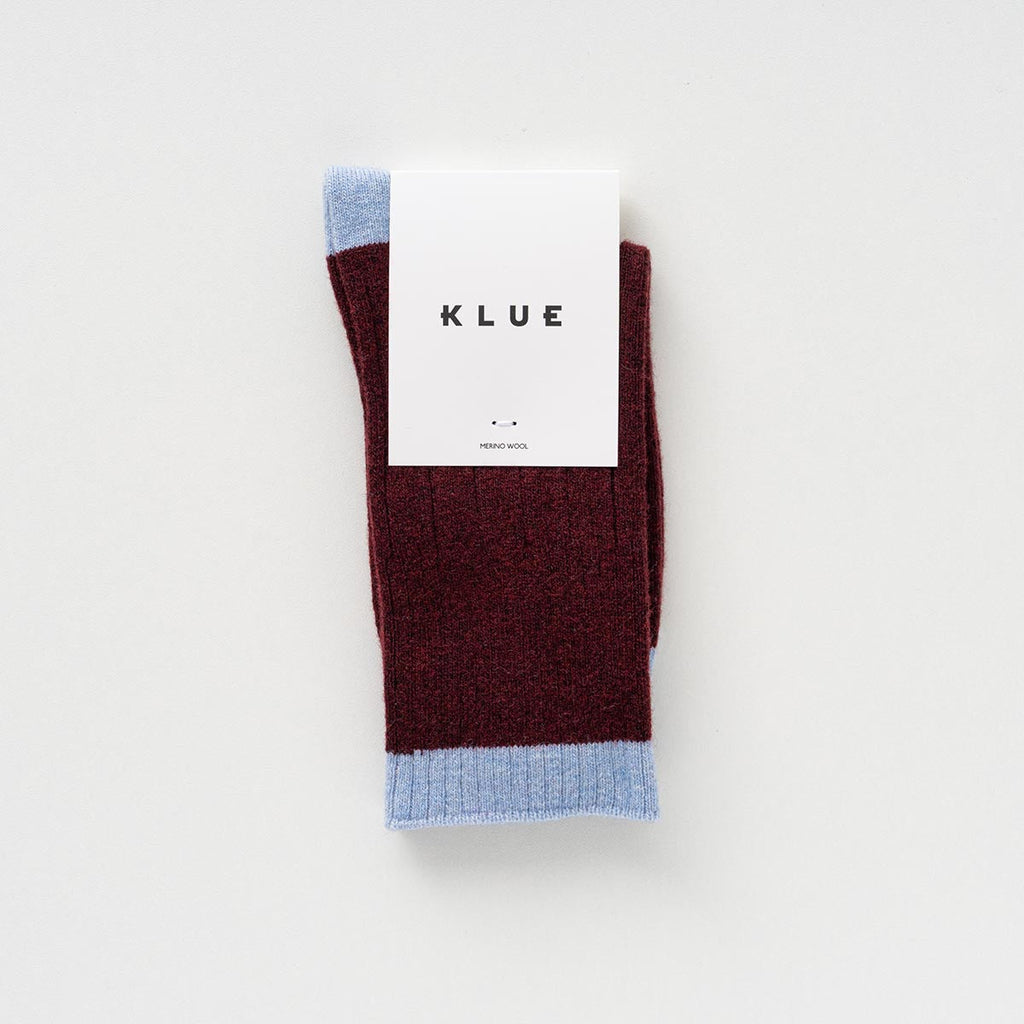 Chaussettes En Laine Mérinos Avec Bandes - Bordeaux Et Bleu Ciel