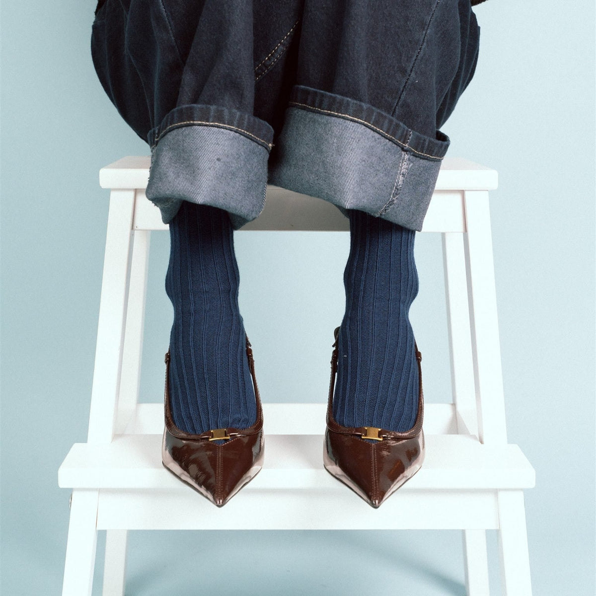 Chaussettes En Coton Biologique À Rayures Tricotées Unies - Bleu Marine