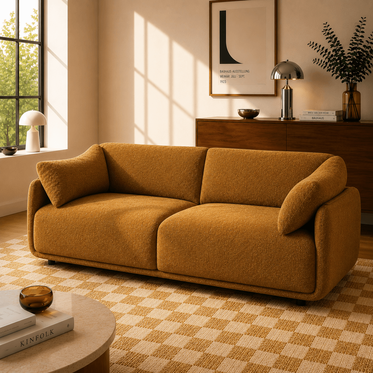Kurly - Canapé 3 Places - Tissu Texturé - Ocre