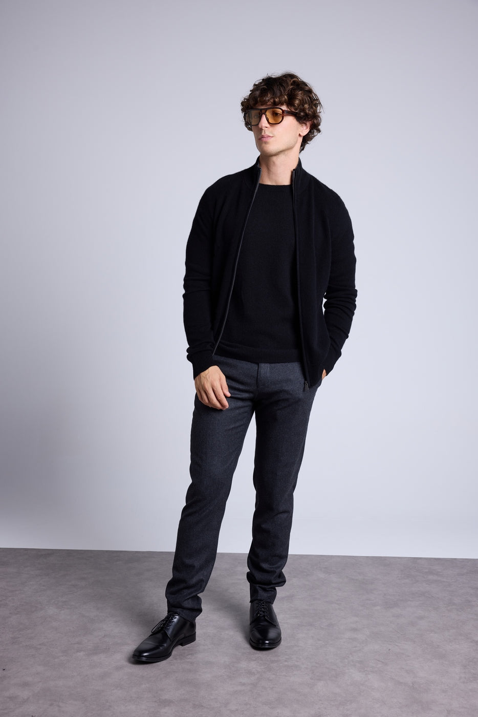 Gilet Zippe Col Montant Leo - Noir Et Gris - Homme - 100% Cachemire
