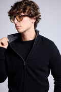 Gilet Zippe Col Montant Leo - Noir Et Gris - Homme - 100% Cachemire