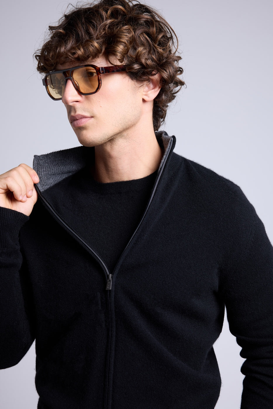 Gilet Zippe Col Montant Leo - Noir Et Gris - Homme - 100% Cachemire