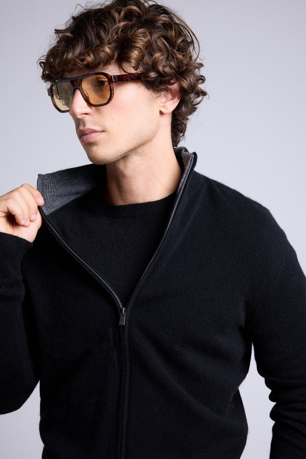 Gilet Zippe Col Montant Leo - Noir Et Gris - Homme - 100% Cachemire