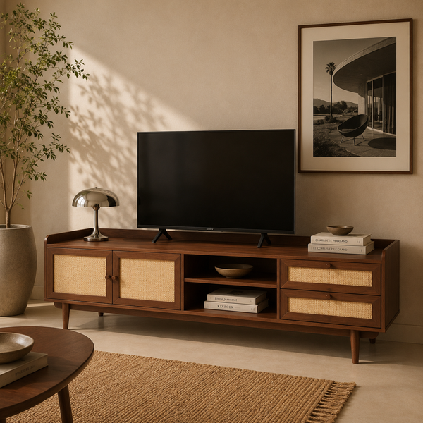 Leon - Meuble Tv - Placage Chêne & Cannage Rotin