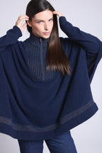 Poncho de cuello alto con cremallera Leonor - Azul marino y lurex multicolor - Mujer