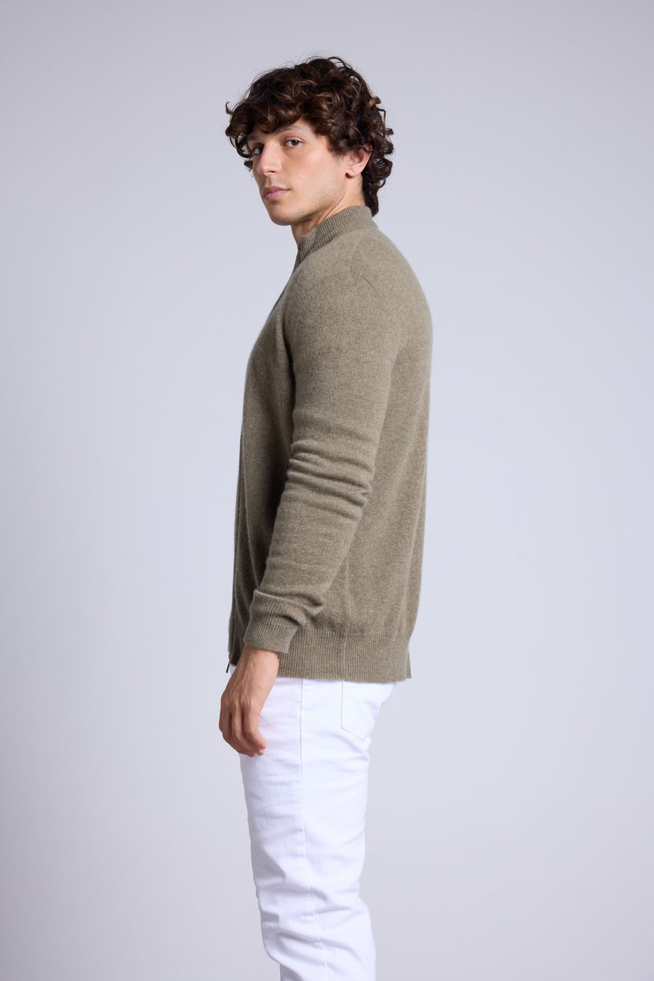 Strickjacke mit Reißverschluss und Stehkragen Leo - Khakigrün - Herren - 100% Kaschmir