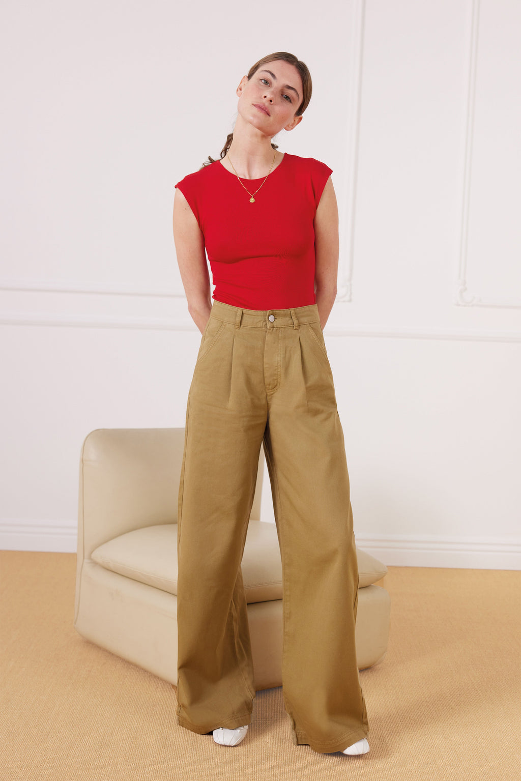 Pantalon À Pinces Beige Foncé - Femme