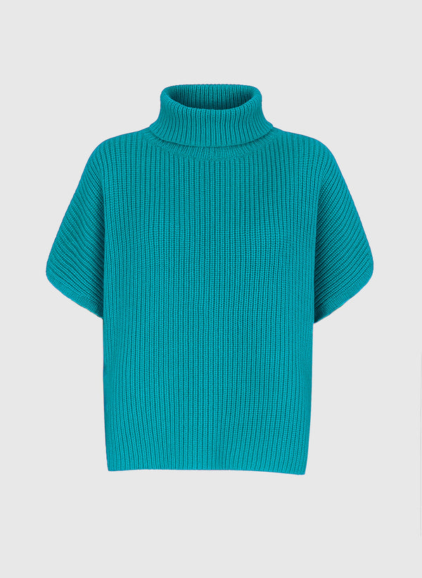 An'ge – Pull Lepony Turquoise, pull col roulé à manches courtes en maille côtelée turquoise