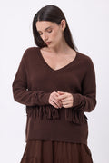 Pull Col V Franges Lina - Marron Chocolat - Femme - 100% Cachemire