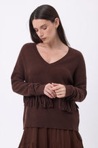 Pull Col V Franges Lina - Marron Chocolat - Femme - 100% Cachemire