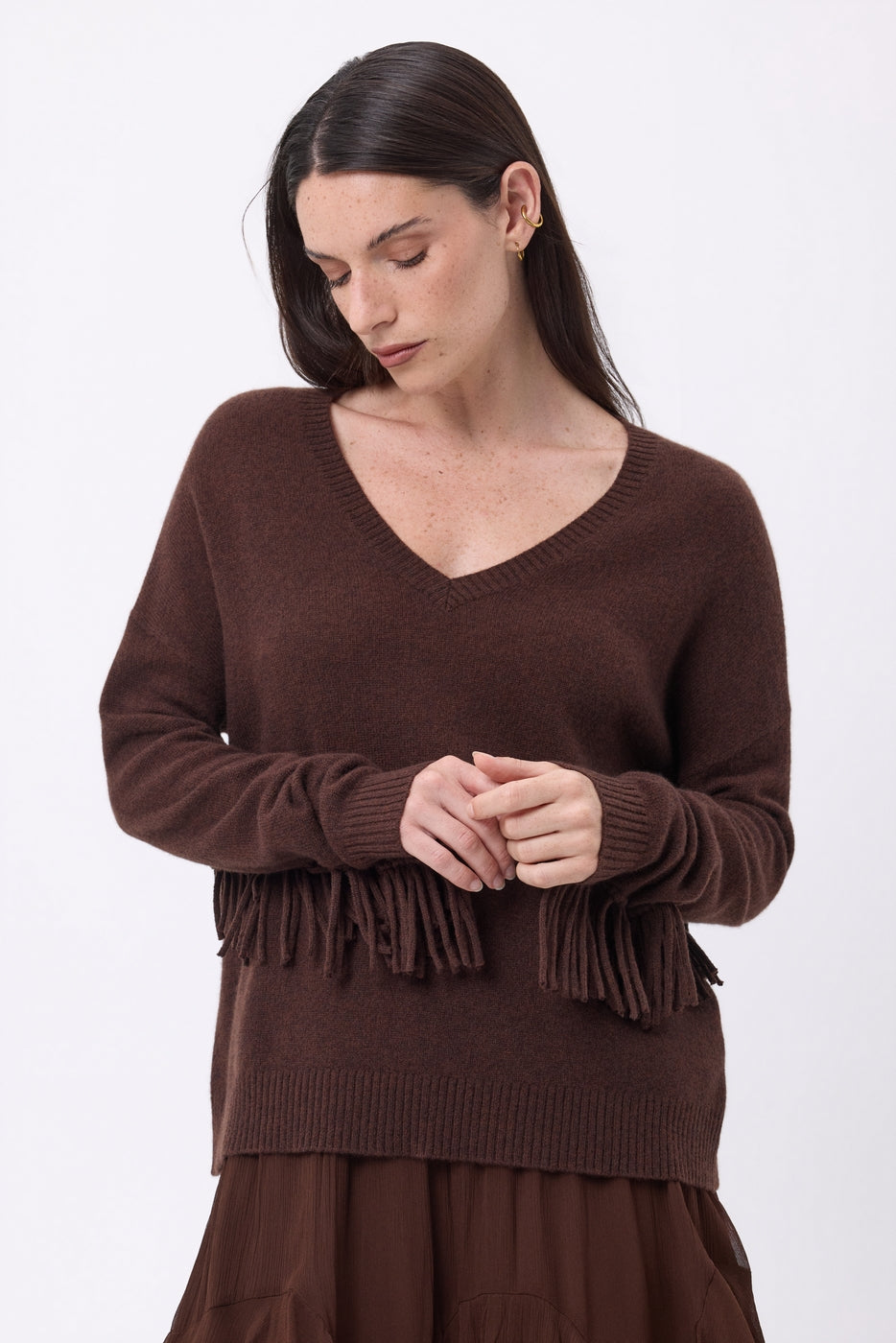 Pull Col V Franges Lina - Marron Chocolat - Femme - 100% Cachemire