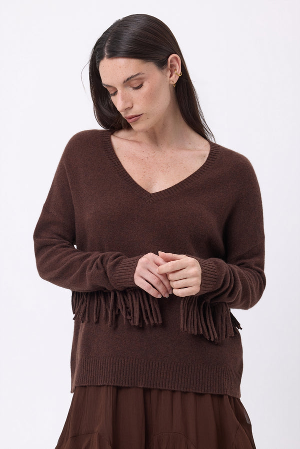 Maglione Collo a V con Frange Lina - Marrone Cioccolato - Donna - 100% Cashmere