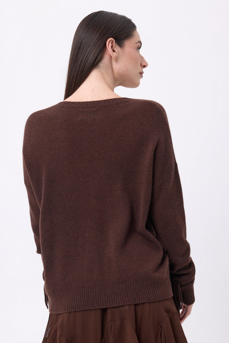 Pull Col V Franges Lina - Marron Chocolat - Femme - 100% Cachemire