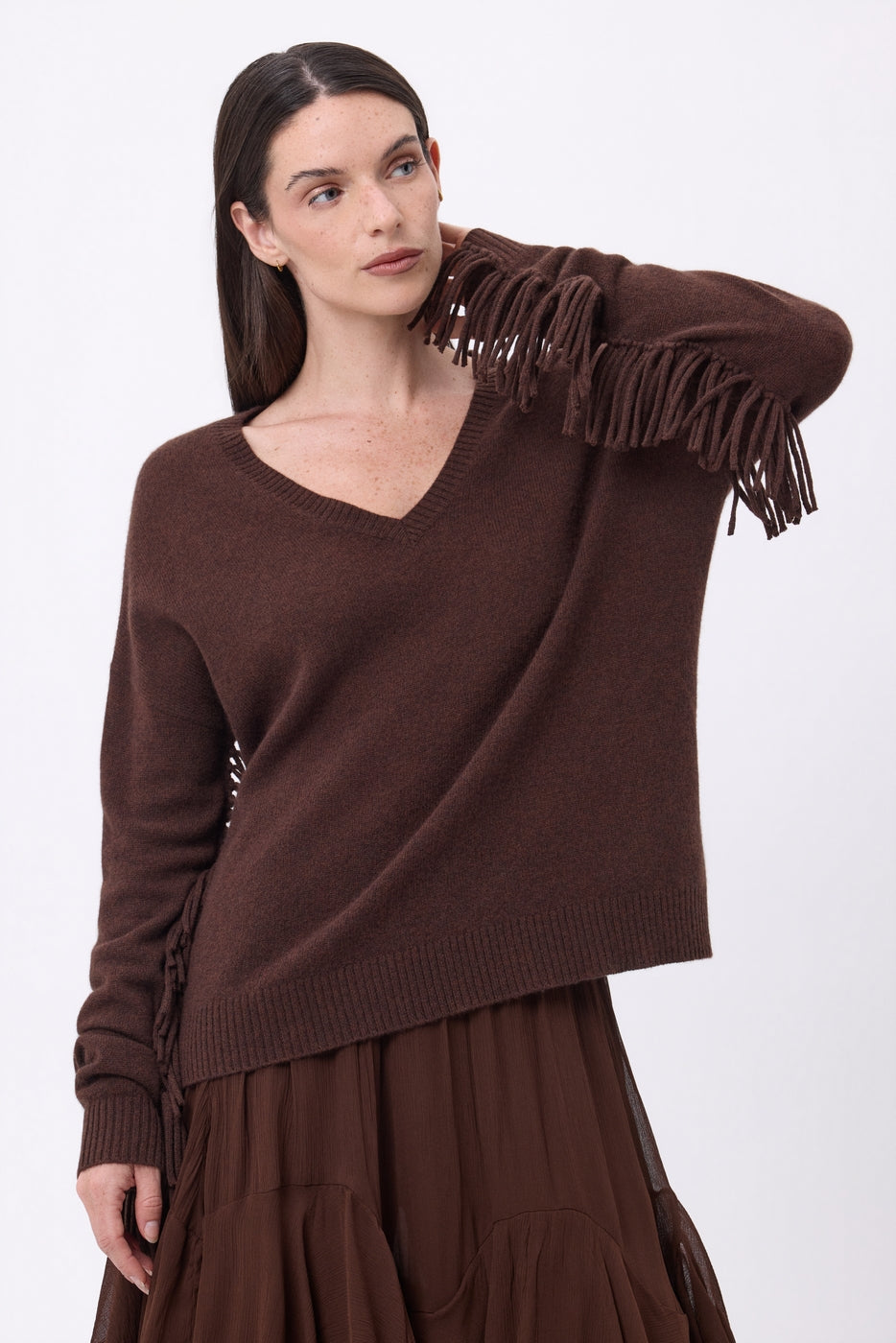 Pull Col V Franges Lina - Marron Chocolat - Femme - 100% Cachemire