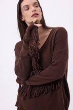 Pull Col V Franges Lina - Marron Chocolat - Femme - 100% Cachemire
