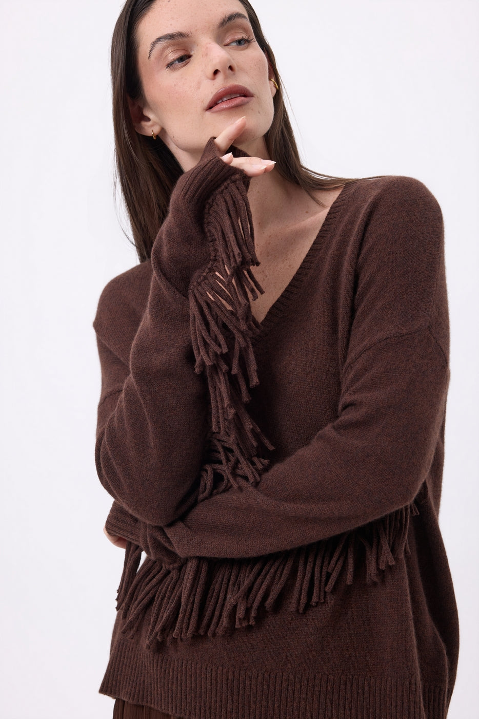 Pull Col V Franges Lina - Marron Chocolat - Femme - 100% Cachemire