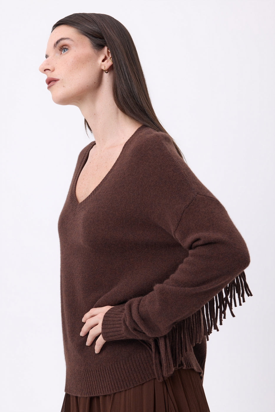 Pull Col V Franges Lina - Marron Chocolat - Femme - 100% Cachemire