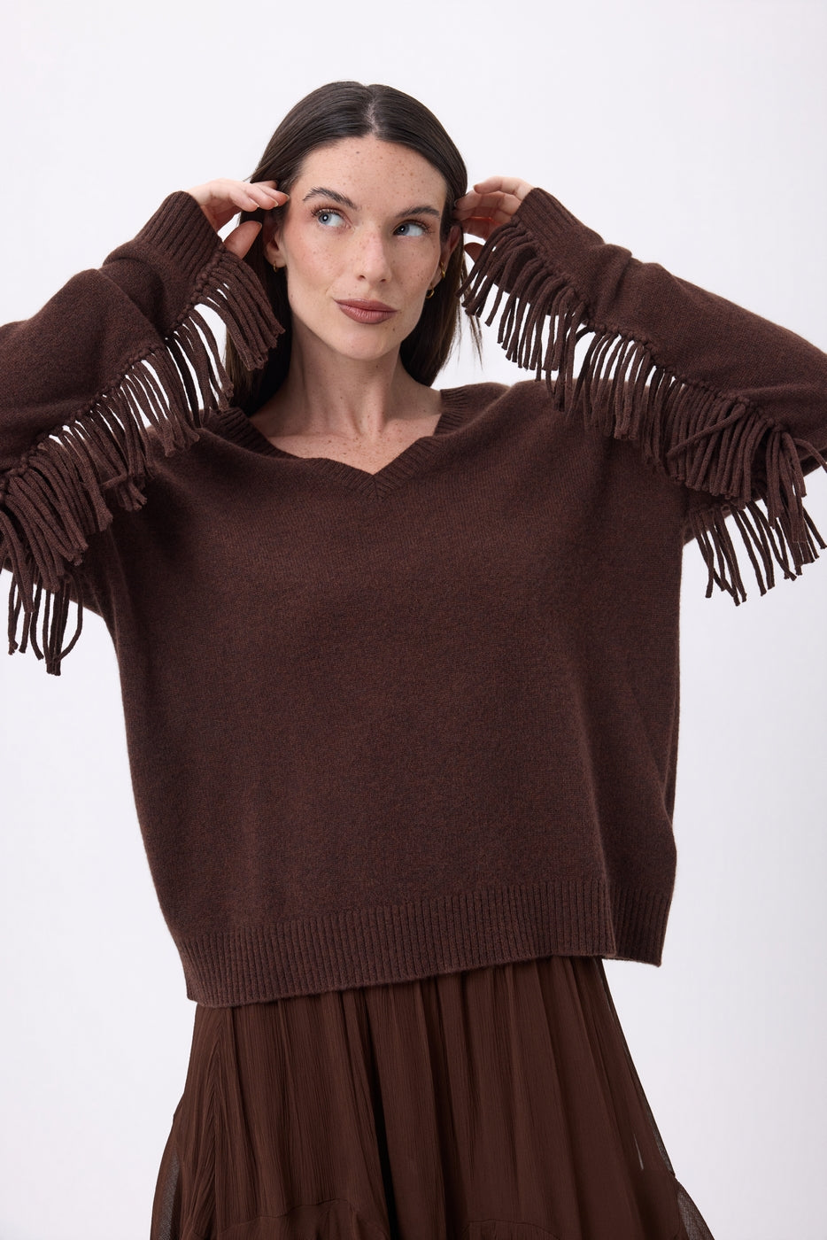 Pull Col V Franges Lina - Marron Chocolat - Femme - 100% Cachemire