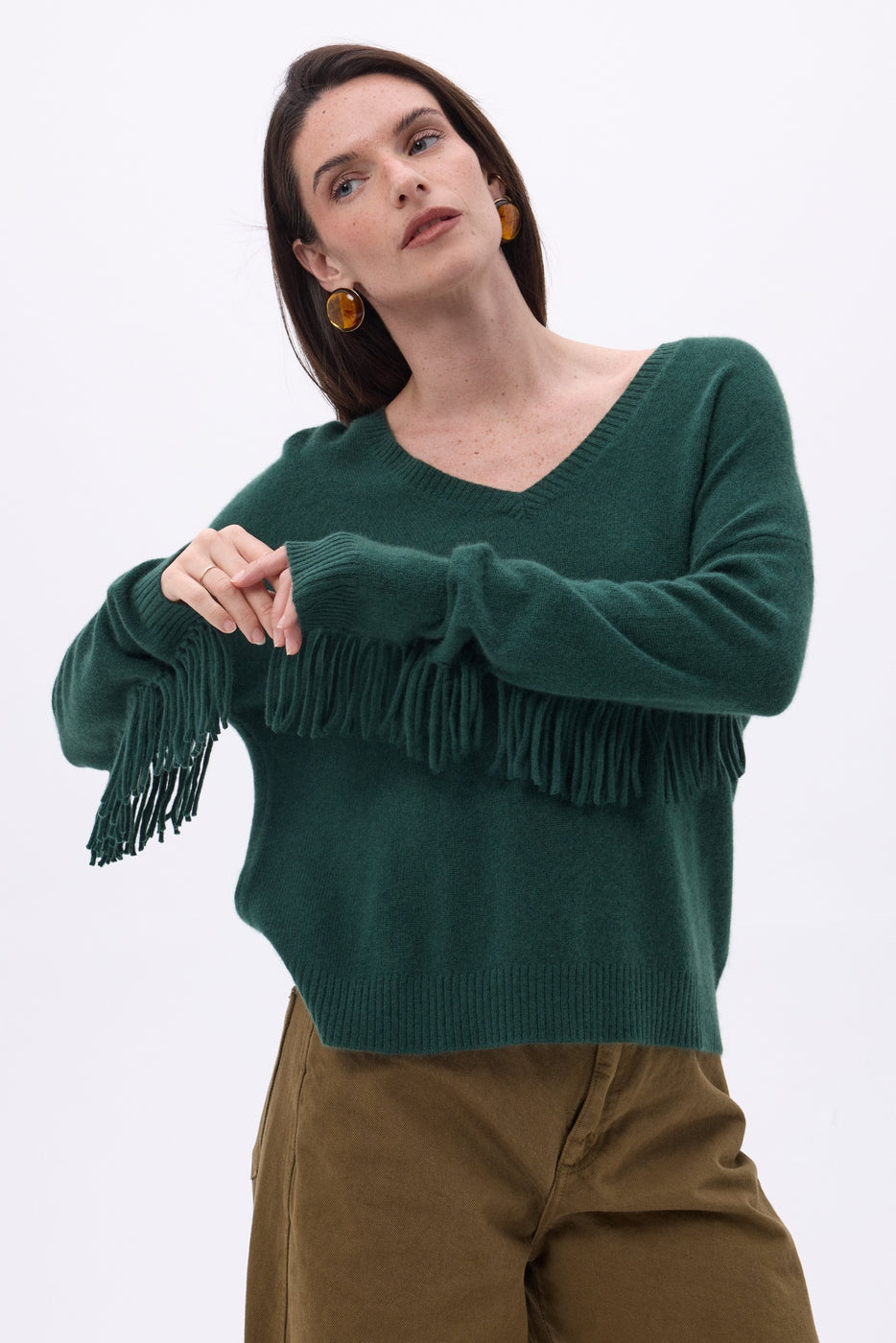 Pullover mit V-Ausschnitt und Fransen Lina – Flaschengrün – Damen – 100 % Kaschmir