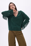 Pullover mit V-Ausschnitt und Fransen Lina – Flaschengrün – Damen – 100 % Kaschmir