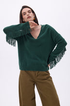 Pullover mit V-Ausschnitt und Fransen Lina – Flaschengrün – Damen – 100 % Kaschmir
