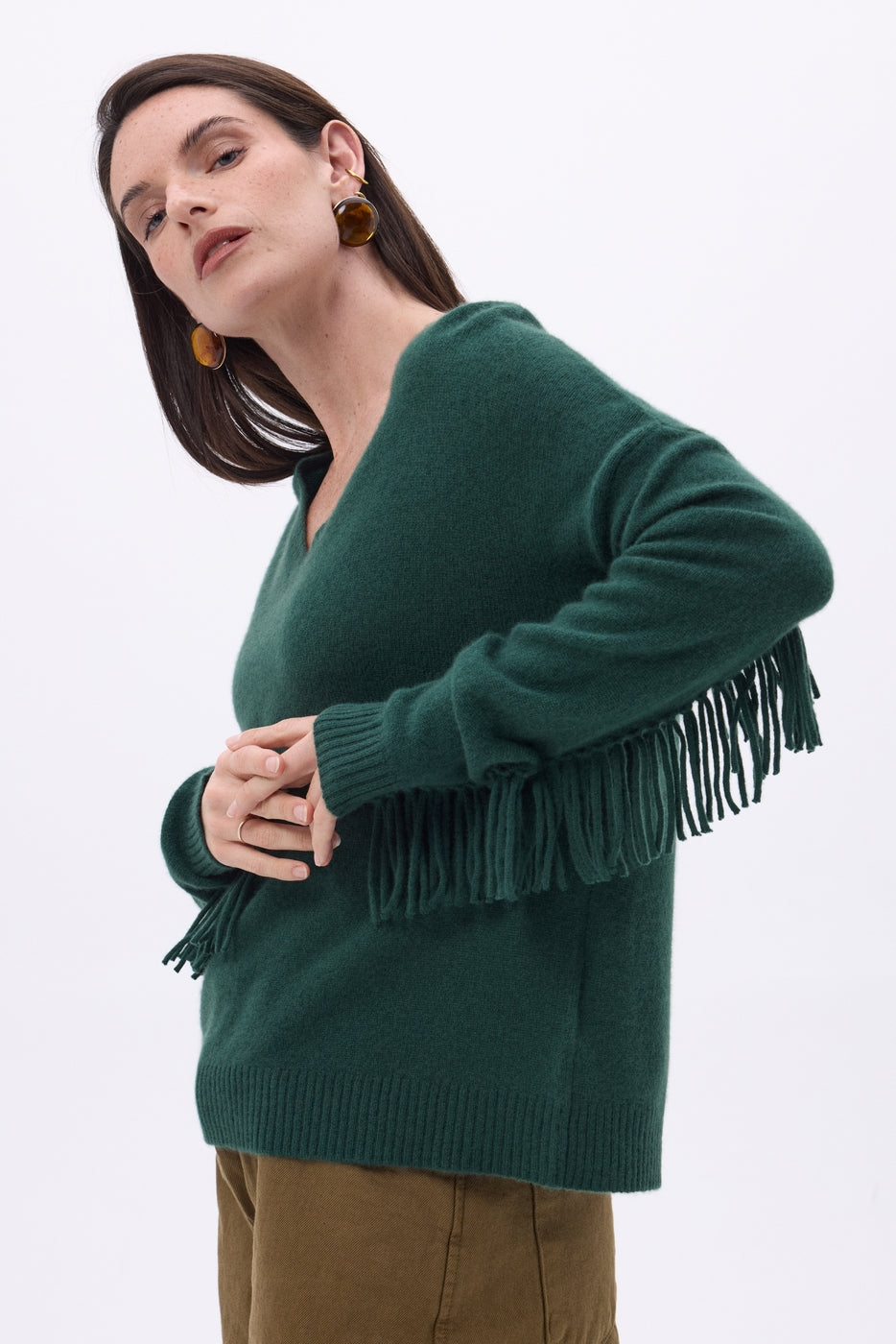 Pullover mit V-Ausschnitt und Fransen Lina – Flaschengrün – Damen – 100 % Kaschmir