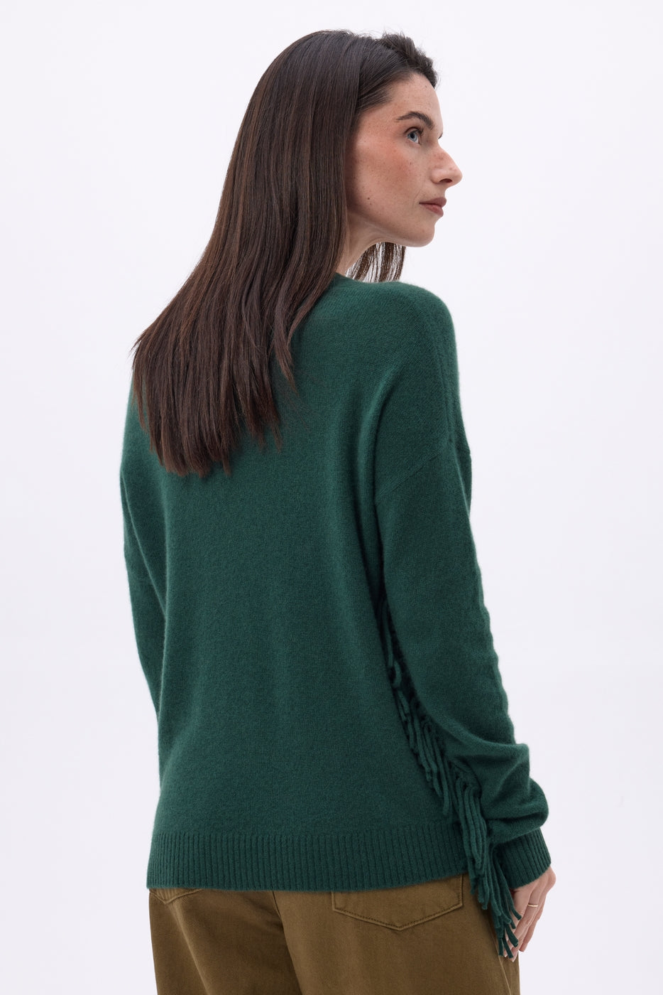 Pullover mit V-Ausschnitt und Fransen Lina – Flaschengrün – Damen – 100 % Kaschmir