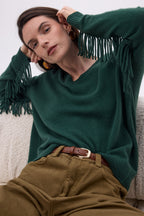 Pullover mit V-Ausschnitt und Fransen Lina – Flaschengrün – Damen – 100 % Kaschmir