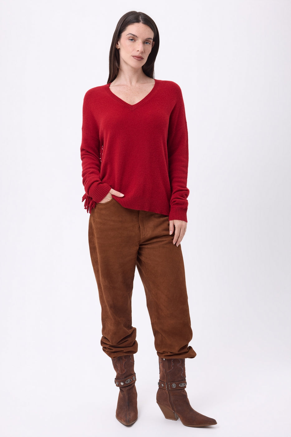 V-Ausschnitt-Pullover mit Fransen Lina - Coulis - Damen - 100% Kaschmir