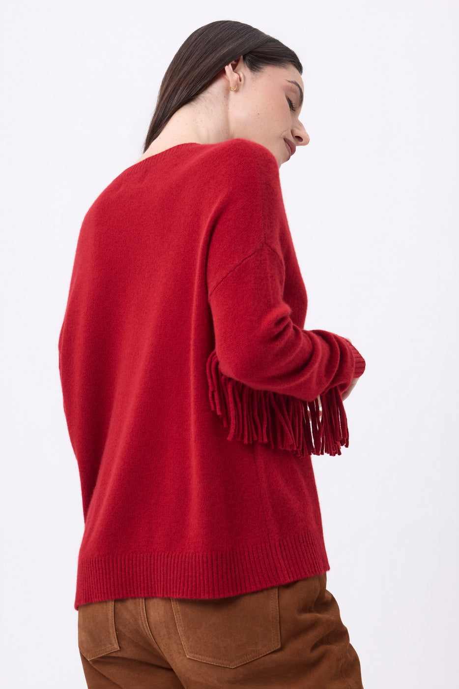 V-Ausschnitt-Pullover mit Fransen Lina - Coulis - Damen - 100% Kaschmir