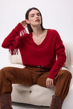 V-Ausschnitt-Pullover mit Fransen Lina - Coulis - Damen - 100% Kaschmir