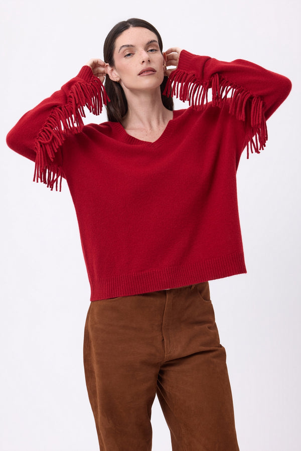 Pull Col V Franges Lina - Coulis - Femme - 100% Cachemire