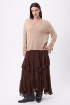 Maglione Scollo A V Frange Lina - Beige Crema - Donna - 100% Cashmere