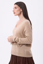 Maglione Scollo A V Frange Lina - Beige Crema - Donna - 100% Cashmere