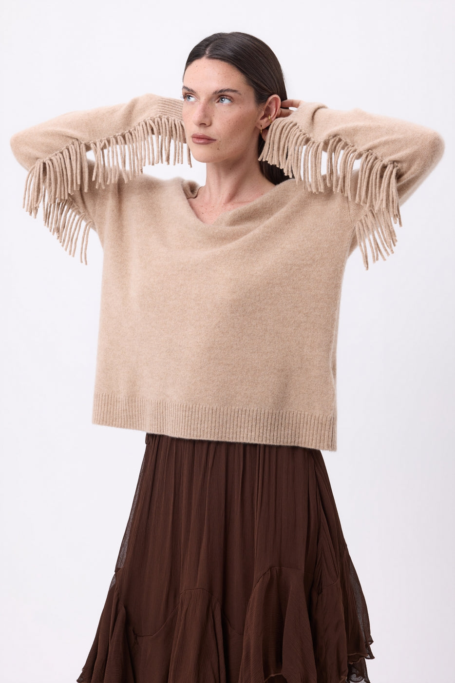 Maglione Scollo A V Frange Lina - Beige Crema - Donna - 100% Cashmere