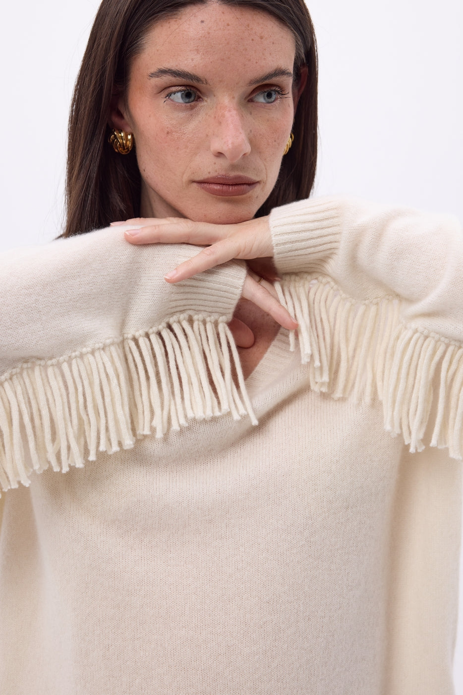 V-Ausschnitt-Pullover mit Fransen Lina – Eco Paper – Damen – 100% Kaschmir