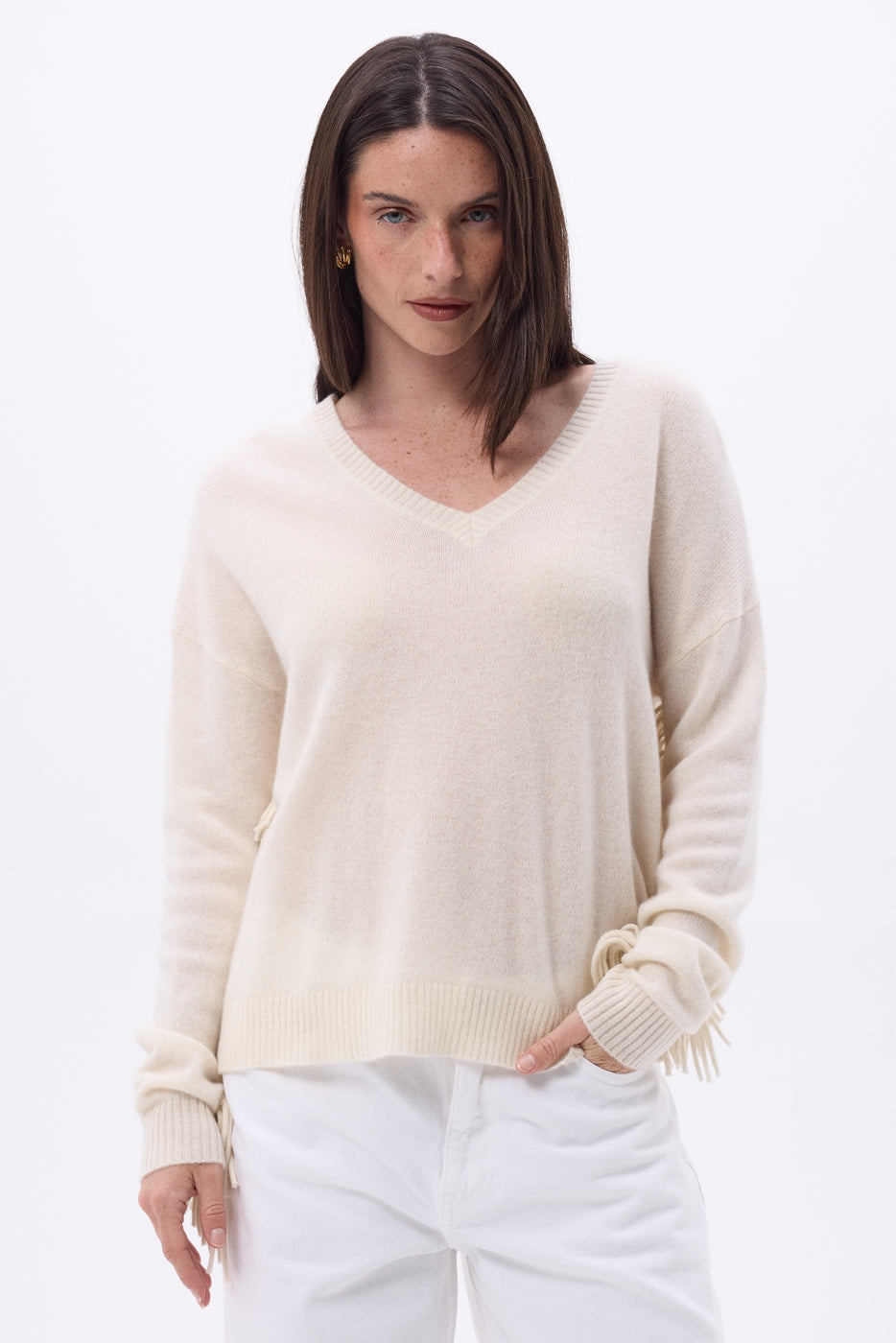 V-Ausschnitt-Pullover mit Fransen Lina – Eco Paper – Damen – 100% Kaschmir