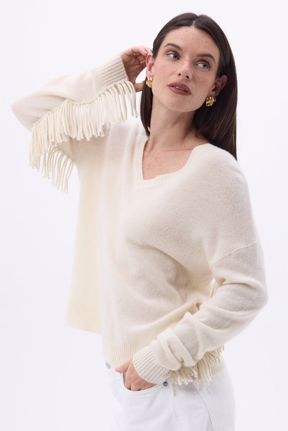 V-Ausschnitt-Pullover mit Fransen Lina – Eco Paper – Damen – 100% Kaschmir