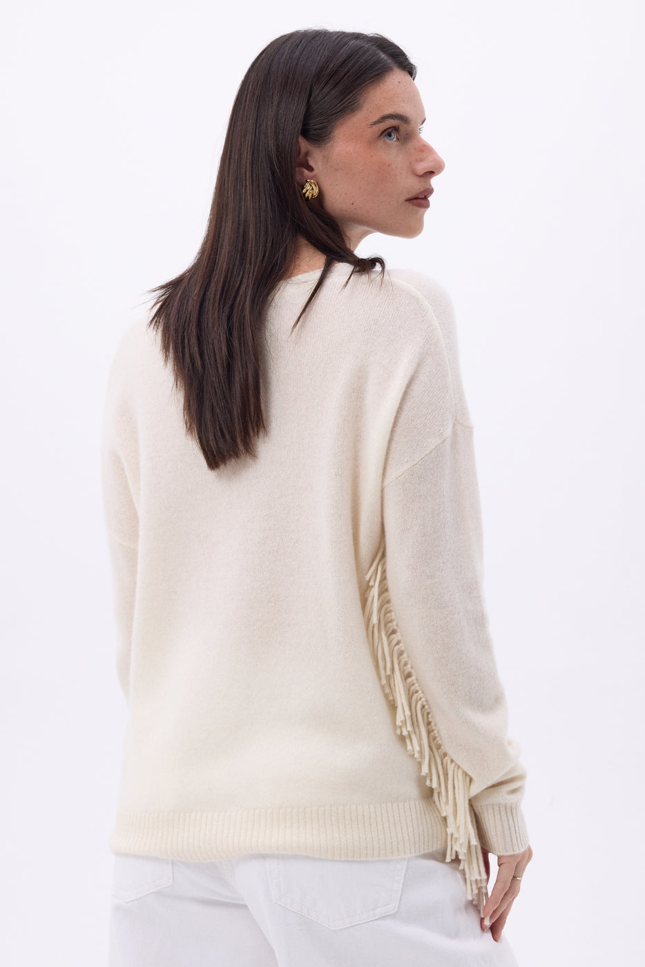 V-Ausschnitt-Pullover mit Fransen Lina – Eco Paper – Damen – 100% Kaschmir